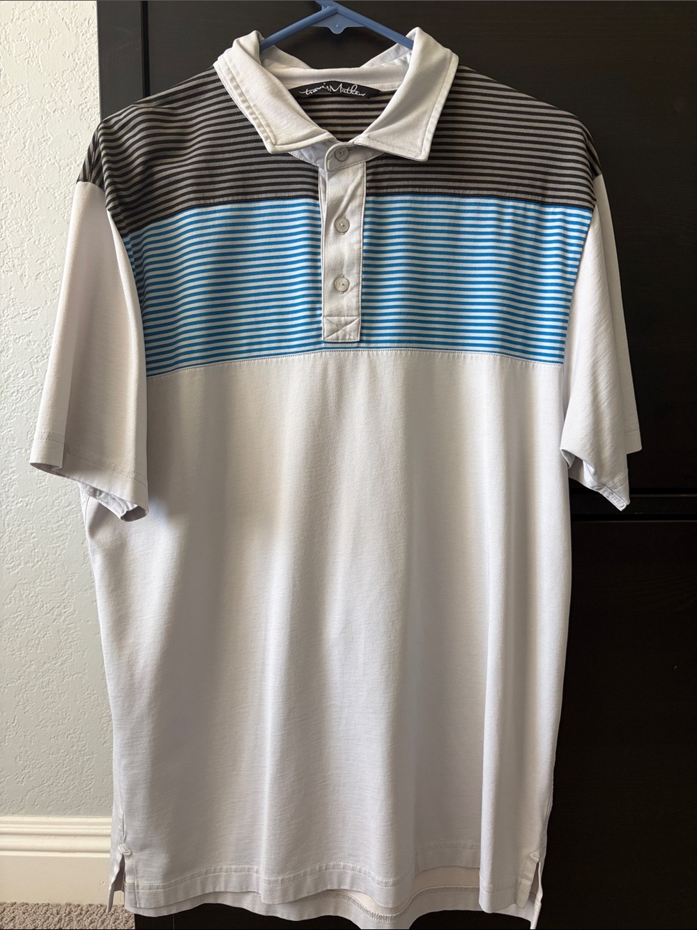 Travis Mathew Light Gray Polo with Blue and Black Striped Yoke